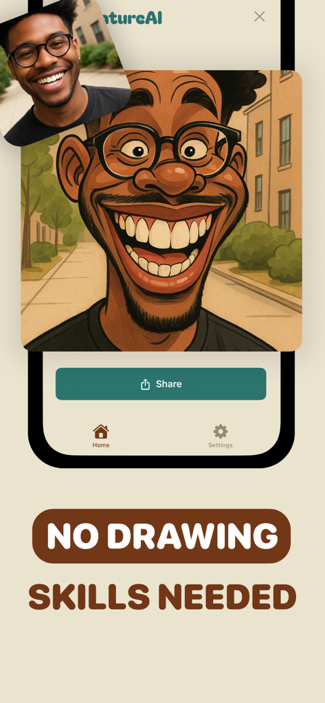 CaricatureAI: Caricature Maker - Una captura de pantalla de la aplicación CaricatureAI mostrando la foto de un hombre transformada en una caricatura humorística con rasgos exagerados.
