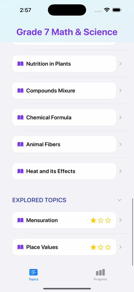Grade 7 Math & Science - Main screen of the Grade 7 Math and Science app showing a list of study topics like Nutrition in Plants and Mensuration