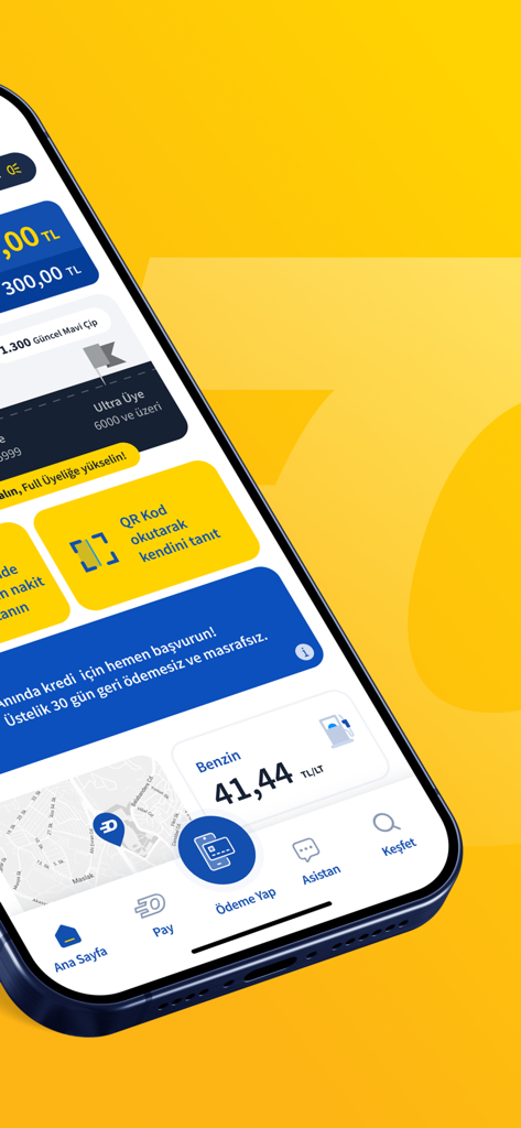 Opet Mobil - Opet Pay'le Kazan - Un smartphone affichant le tableau de bord de l'application Opet Mobil avec les prix du carburant, le statut de fidélité et les options de paiement.