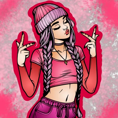 realistic teenage girl with braids and a beanie and crop top doing 🫶🏼