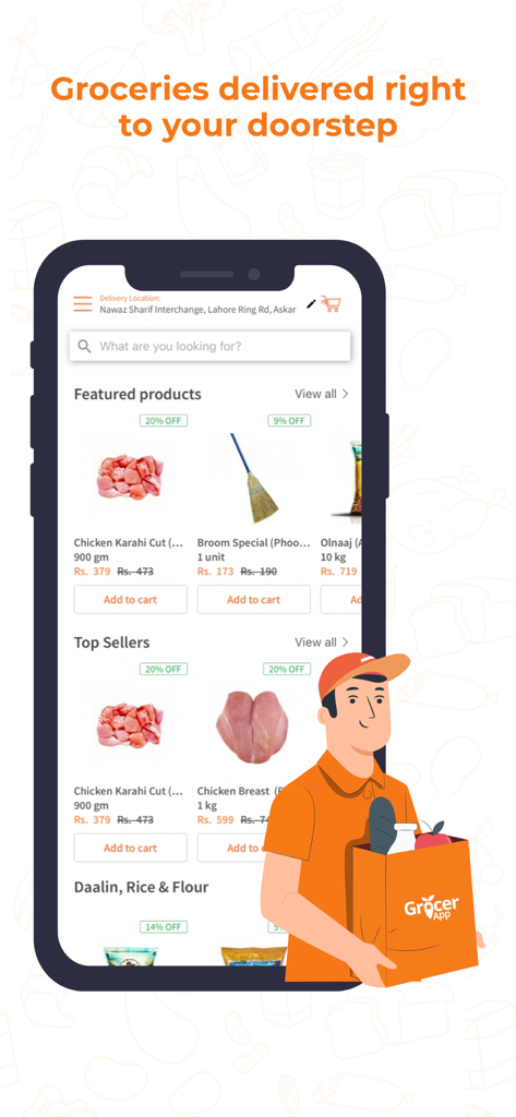 Smartphone screen showing the GrocerApp interface with various grocery products and a delivery person holding a grocery bag