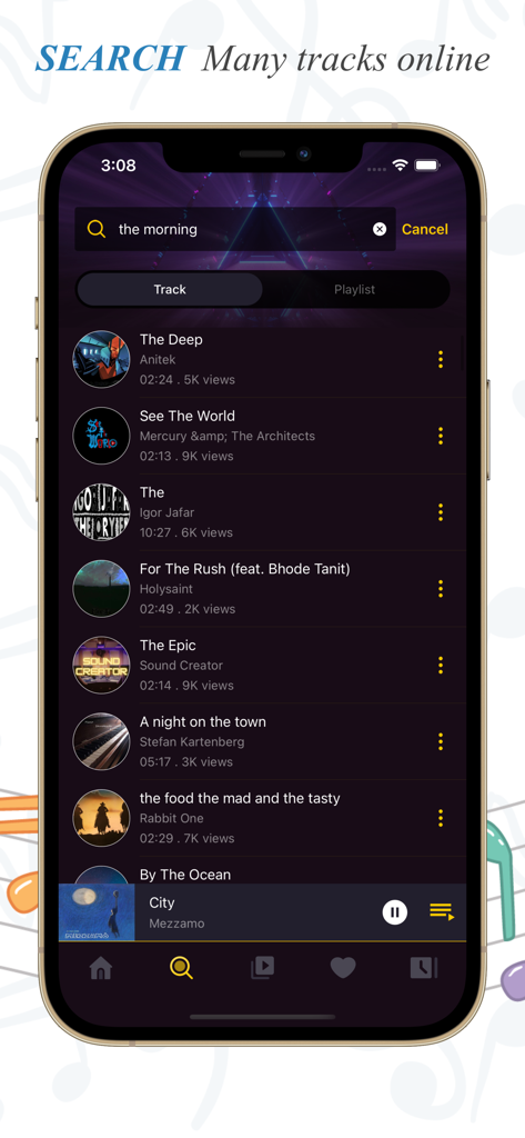 Player FF - Search results screen in Player FF app displaying a list of music tracks with titles and artist names