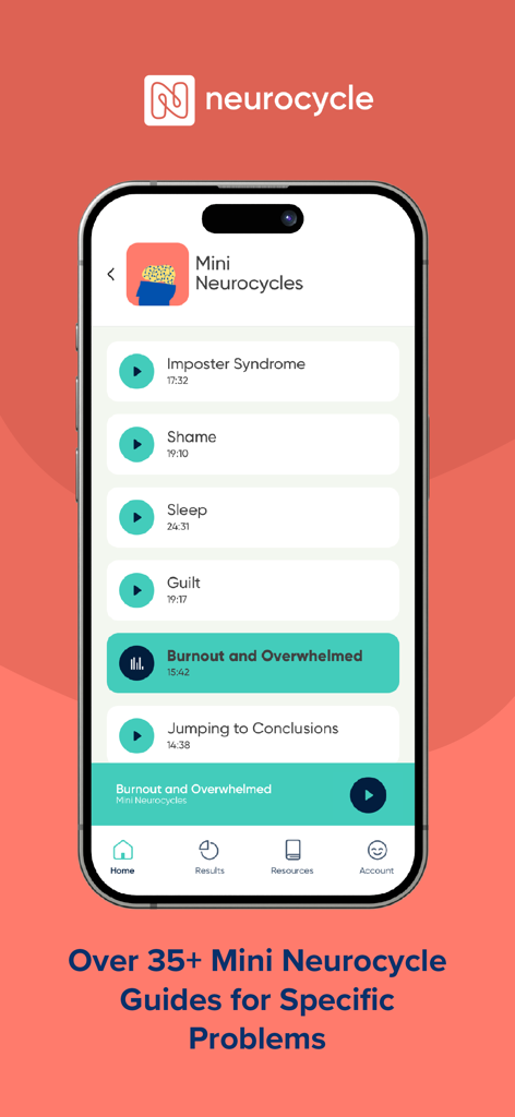 Neurocycle app screen showing specific cognitive guides for burnout and imposter syndrome