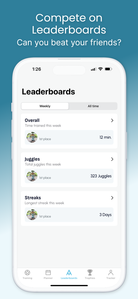 247 Football: Soccer Academy - Leaderboard screen of 247 Football Soccer Academy app showing rankings for training time juggles and streaks