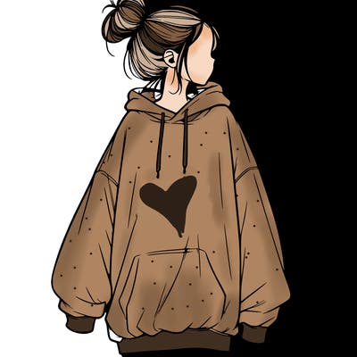 realistic girl with a oversized sweatshirt on and a bun