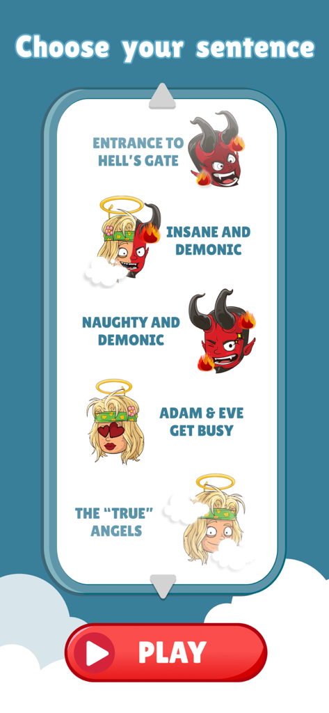 Game level selection screen in the Truth or Dare Dirty app featuring various angel and devil themed packs