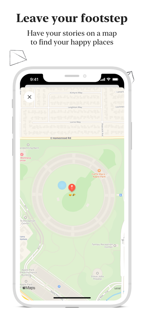 Private Journal: Punkt - Map interface in the Punkt app showing a pinned journal entry with emojis