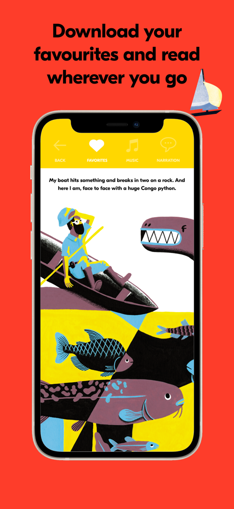 PIBOCO: kids books and stories - An illustrated story on the PIBOCO app with a boat and a python featuring offline reading capabilities