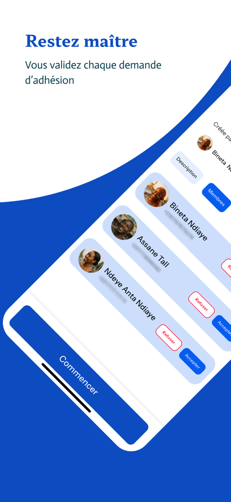Maman Tontine - Maman Tontine app screen for accepting or refusing group member requests