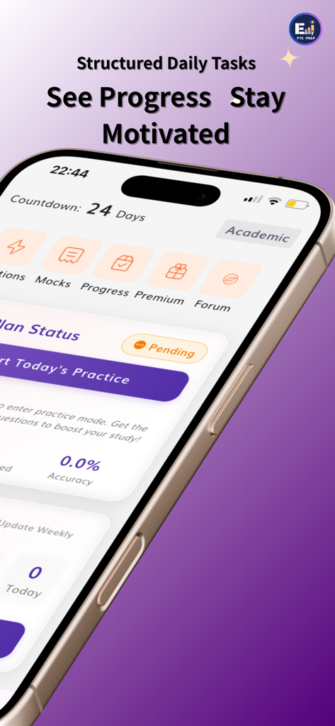 EasyPTE app interface showing structured daily tasks and progress tracking with an exam countdown