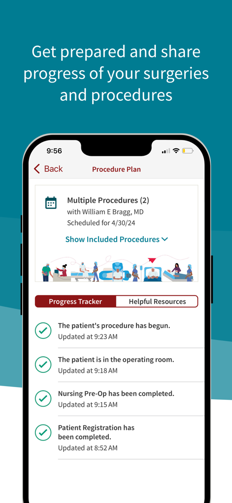 Stanford Health Care MyHealth - Surgery progress tracker showing real time status updates in MyHealth app