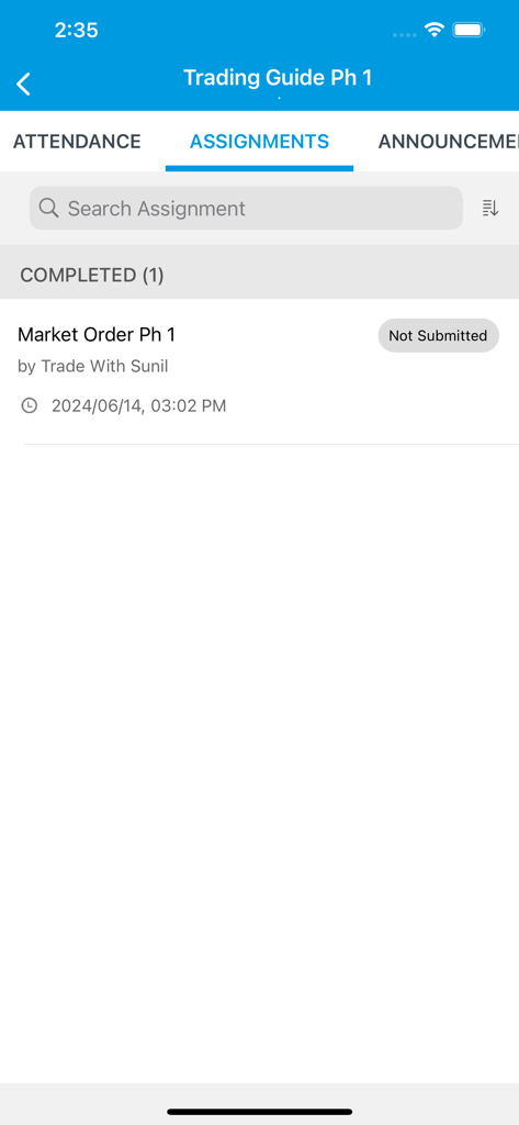 TRADE WITH SUNIL - Tableau de bord des devoirs dans l'application Trade with Sunil montrant un devoir d'ordre de marché dans le cadre du cours Trading Guide.