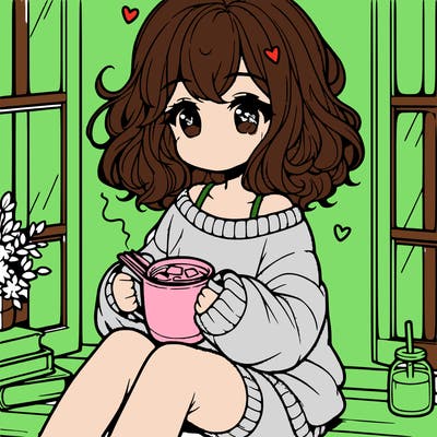 cute anime girl reading book and drinking hot chocolate from mug with loose wavy hair wearing a baggy sweatshirt and shorts sitting by windowsill looking out