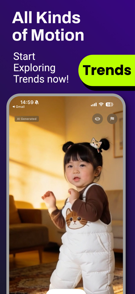 Motionly : AI Motion Control - Smartphone-Bildschirm, der trendige KI-generierte Videos in der Motionly App anzeigt