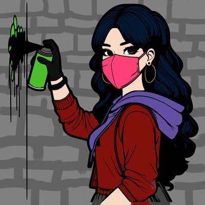realistic girl with mask spray painting a wall