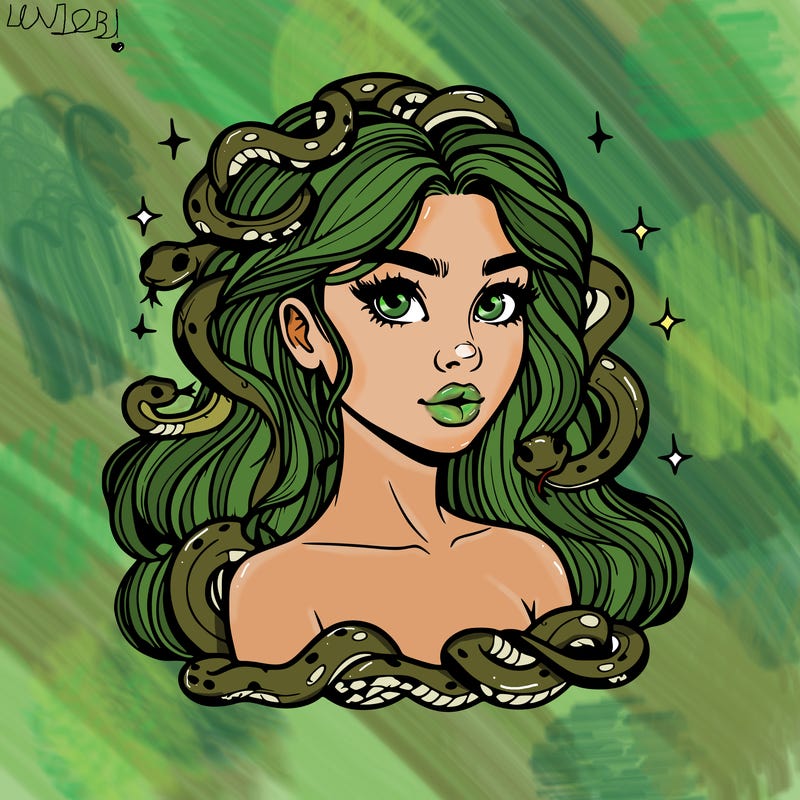realistic girl with snakes as hair