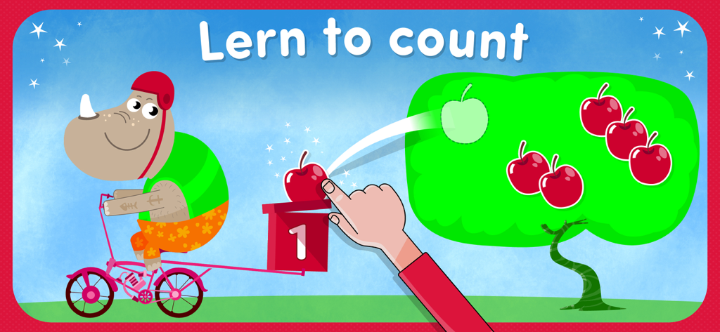 Un rhinocéros de dessin animé sur un vélo avec un plateau de jeu éducatif de pommier pour apprendre aux tout-petits à compter.