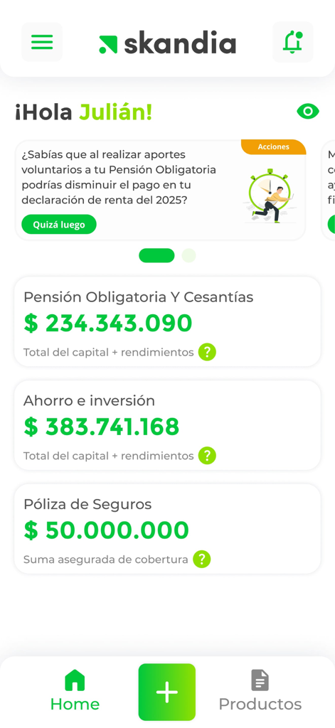 Skandia Colombia app home screen showing financial balances for pensions savings and insurance