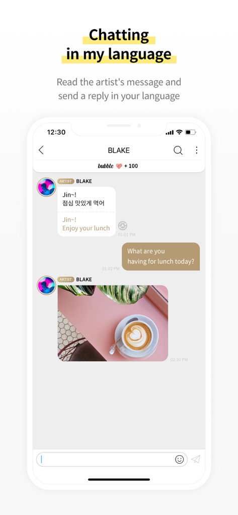 Mobile phone showing the bubble for TROT app with a translation feature for chatting between an artist and a fan