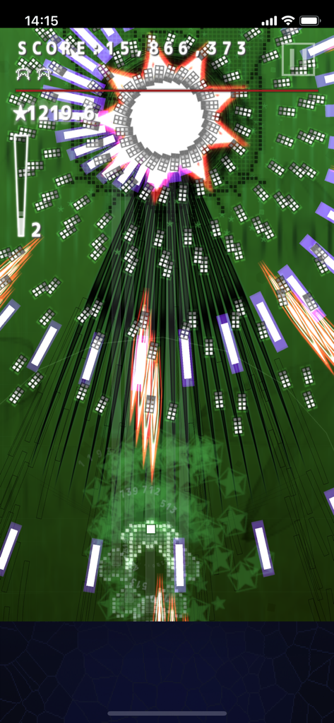 .Decluster Zero - A bullet hell gameplay scene from Decluster Zero with neon green and white projectiles