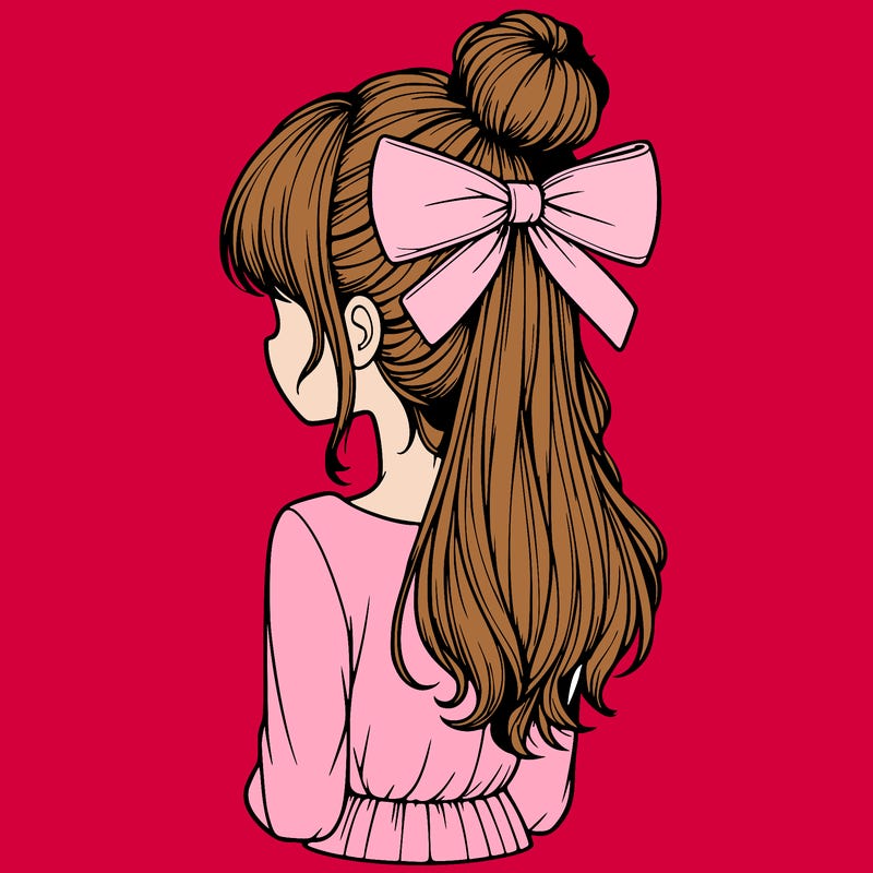 realistic girl  with hip length hair a bun and a big bow on the back of head