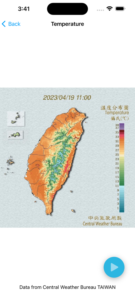 Weather Satellite Live Taiwan - Un mapa detallado de la distribución de temperatura de Taiwán con una escala de grados Celsius codificada por colores de la aplicación Weather Satellite Live Taiwan.