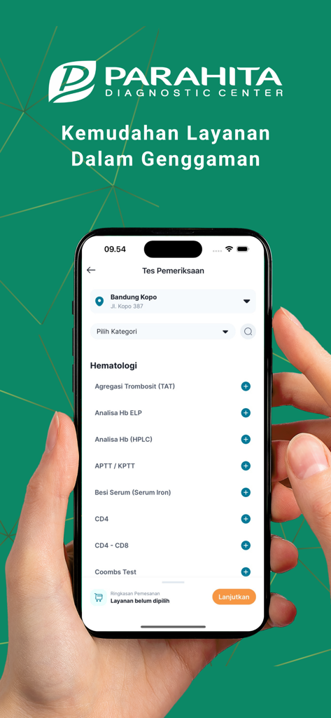 Hai Parahita - Hai Parahita mobile app showing medical test booking list for hematology