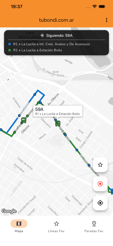 TuBondi: colectivos urbanos - Interfaz de la aplicación TuBondi que muestra un mapa en tiempo real con la ubicación y ruta de la línea de autobús 59A