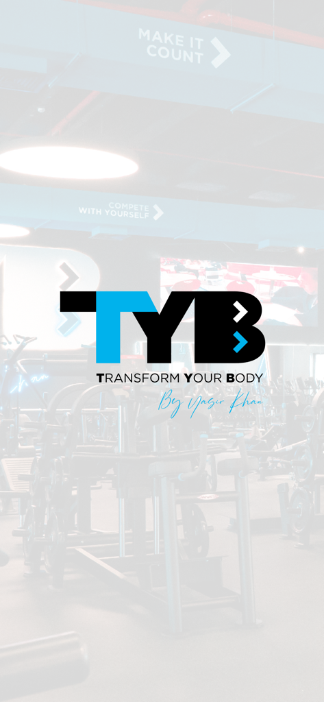 TYB by Yasir Khan - TYB Transform Your Body fitness app logo by Yasir Khan on a gym background