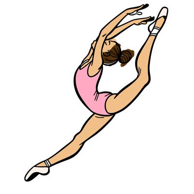 gymnast doing a leap in a leotard with a bent back leg
