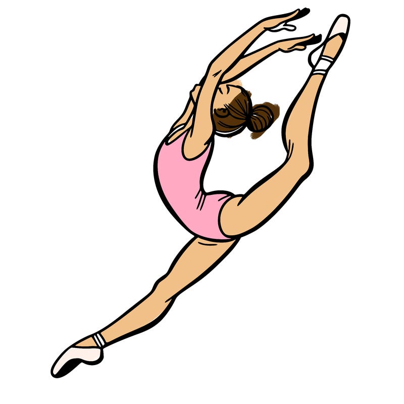 gymnast doing a leap in a leotard with a bent back leg