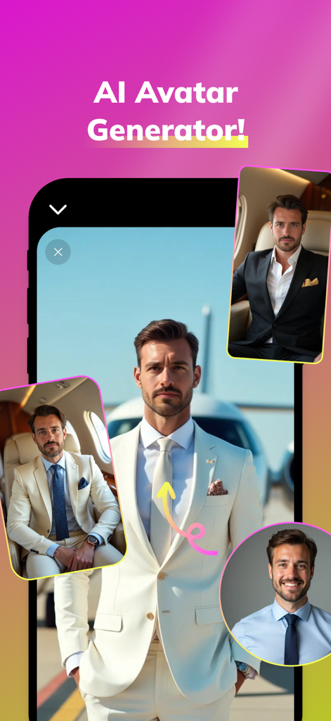 Swapzy AI app interface displaying several AI-generated professional headshots of a man in high-end suits