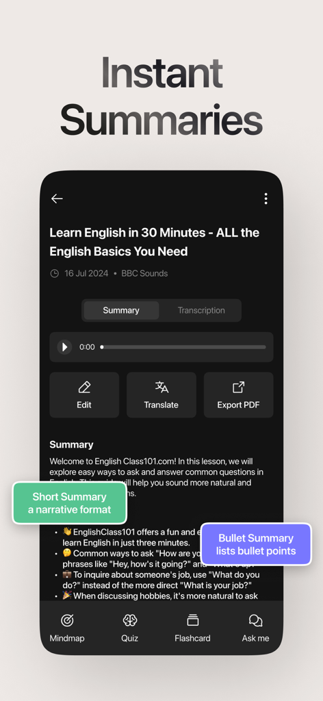 Summarify app interface displaying an AI-generated video summary in both narrative and bulleted formats