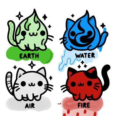 4 cats that represent the different elements, earth, water, air, and fire