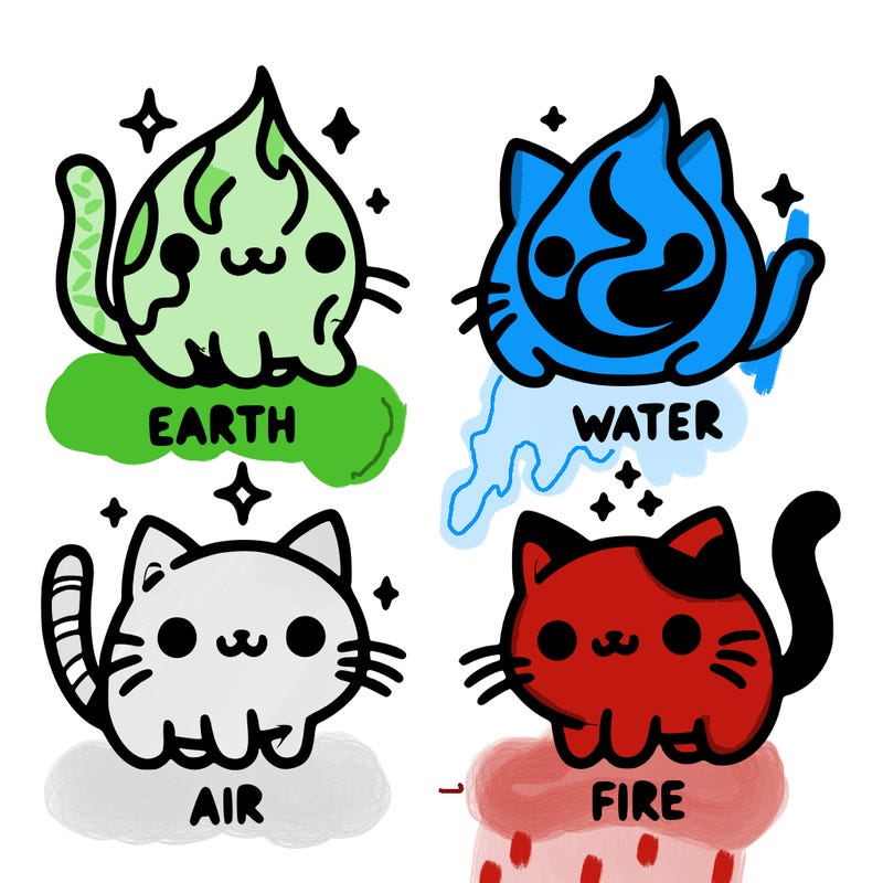 4 cats that represent the different elements, earth, water, air, and fire