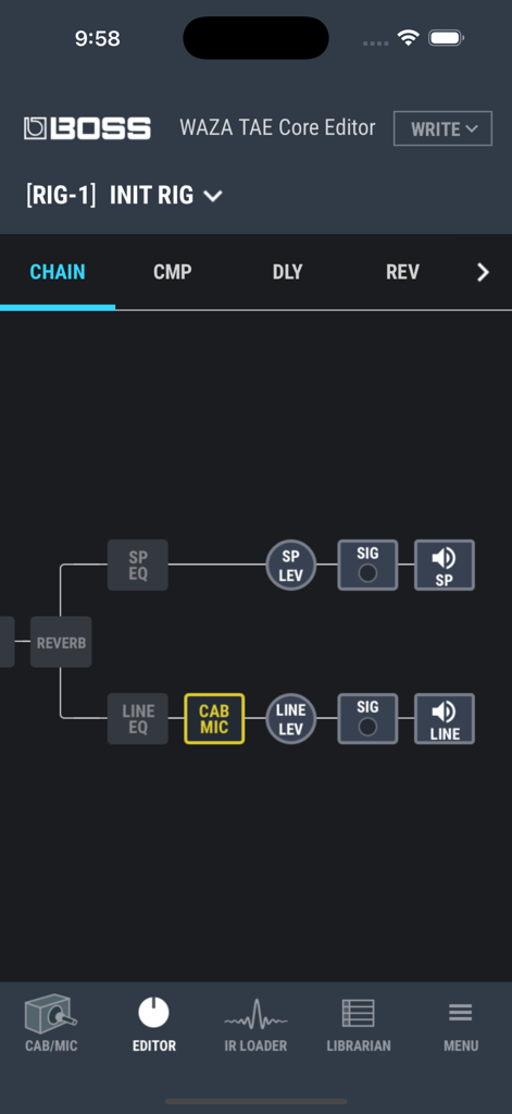 WAZA TAE Core Editor - Interfaz de cadena de señal de WAZA TAE Core Editor mostrando los ajustes de REVERB, EQ y MIC de GABINETE.