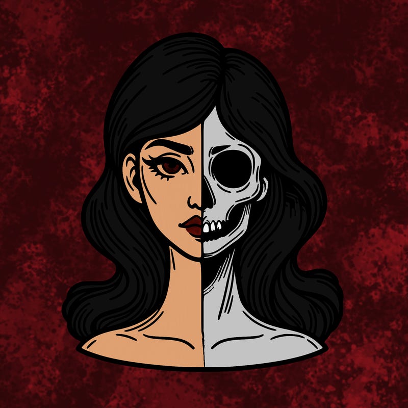 bust of a woman, half face and hair, half skull