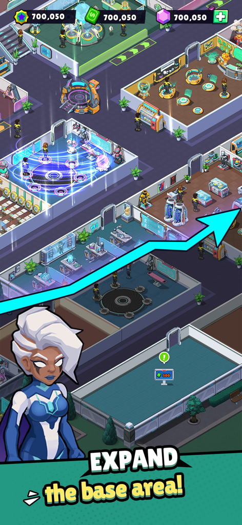 Idle Superpower School - Tela de gerenciamento de Idle Superpower School mostrando alunos treinando e um prompt para expandir a academia.