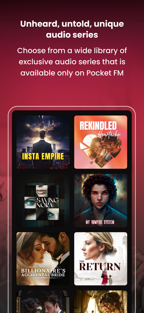 Interfaz de la aplicación Pocket FM mostrando una biblioteca de series de audio exclusivas como Insta Empire y My Vampire System