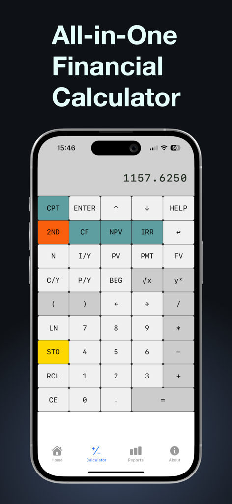 BA Financial Calculator Plus app on an iPhone showing a professional financial calculator interface with NPV and IRR functions