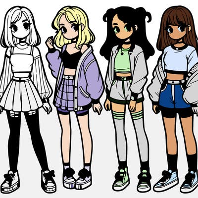 one girl with crop-top shirt and a jacket with a skirt, long socks and another girl with a shirt and pants with a jacket