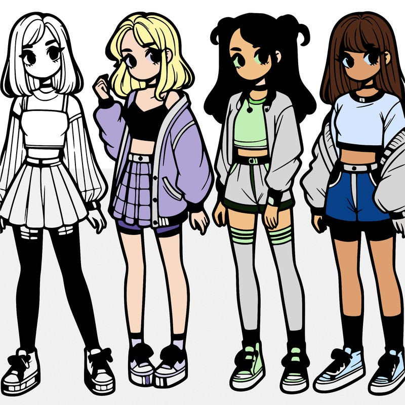 one girl with crop-top shirt and a jacket with a skirt, long socks and another girl with a shirt and pants with a jacket