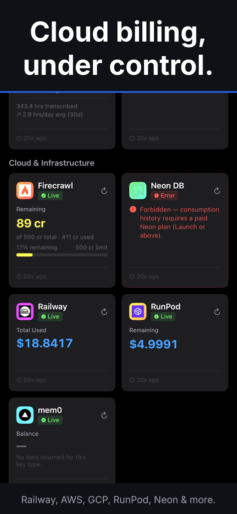 Reckoner App - Reckoner app dashboard displaying live cloud and infrastructure billing metrics