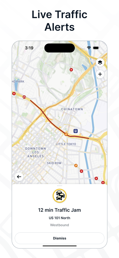 TruckMap app interface showing live traffic alerts and real-time delay notifications.