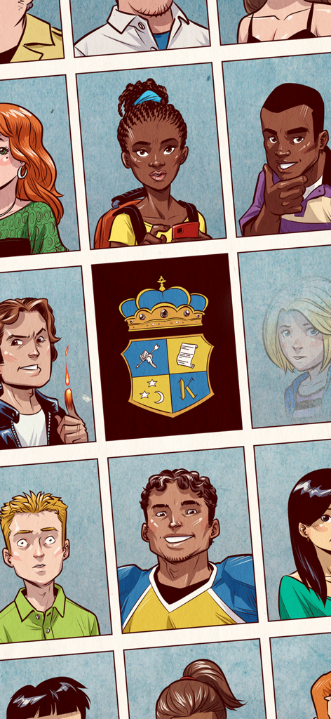 A grid of diverse high school student portraits and a school crest from the game Psy High