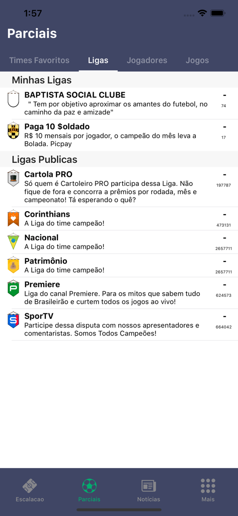 Guru do Cartola - A screen of the Guru do Cartola app displaying a list of private and public fantasy soccer leagues