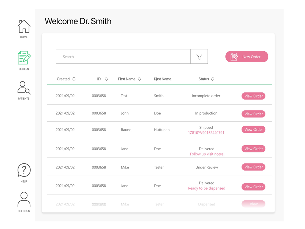 Orthotica3D - Orthotica3D application dashboard displaying a list of patient orders with tracking statuses like shipped and delivered.