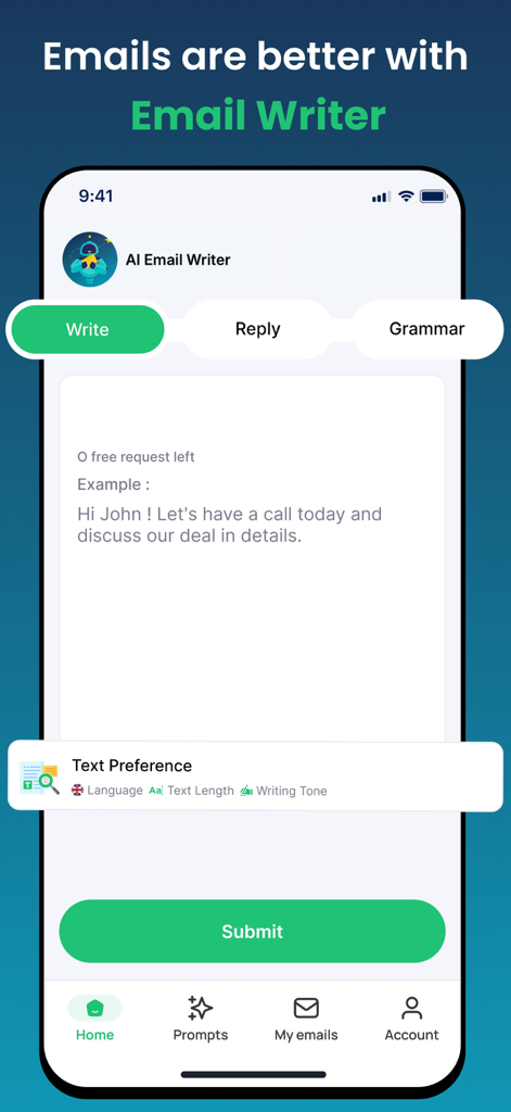Email Writer : AI Email Writer - AI Email Writer mobile app interface showing the email composition screen with options for write reply and grammar