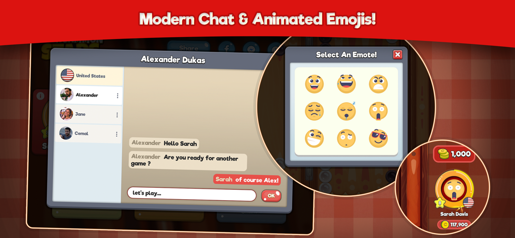 Backgammon Stars in-game chat interface featuring a messaging window and animated emoji selector.