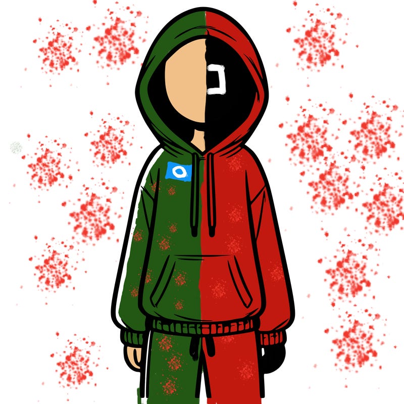 faceless girl in a tracksuit with a hood on and no hair
